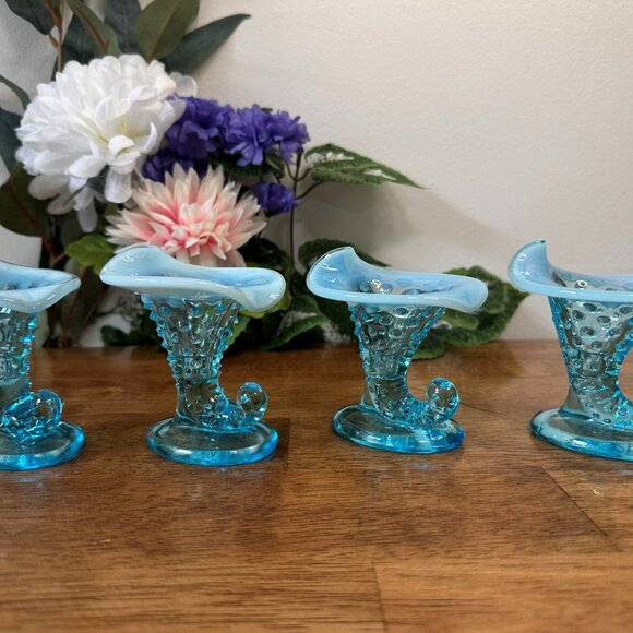 Fenton Blue Opalescent Hobnail Cornucopia Vases Set Horn of Plenty Vintage Glass - Picture 1 of 7